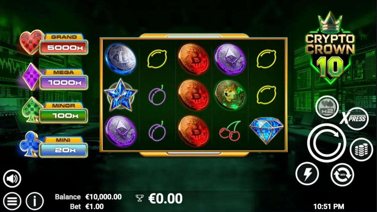 Crypto Crown 10 slot machine interface na may neon at digital na disenyo